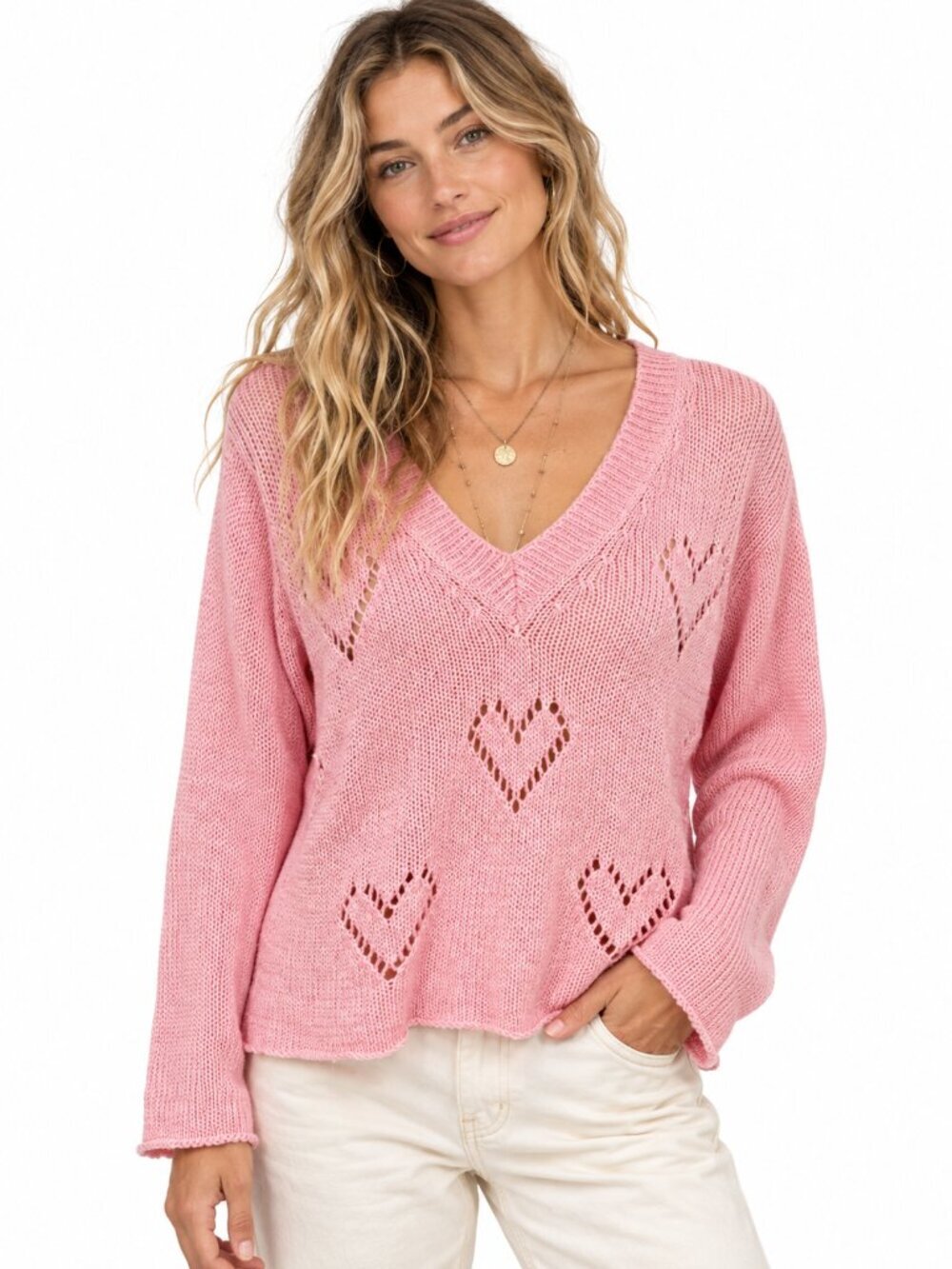 Wooden Ships Womens Heart Sweater Pink V-Neck Lightweight Knit Pullover Size X/S